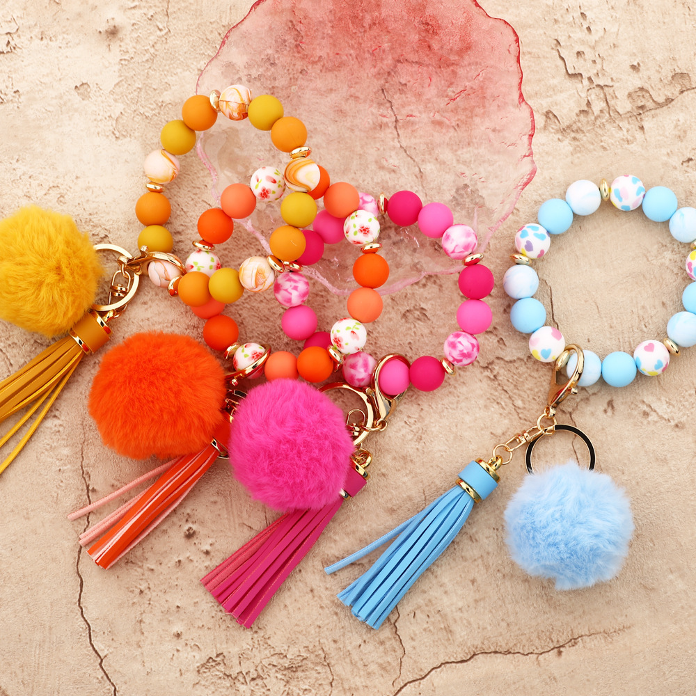 European and American cross-border 2024 silicone bead bracelet ladies wrist fur ball keychain tassel pendant silicone bead bracelet