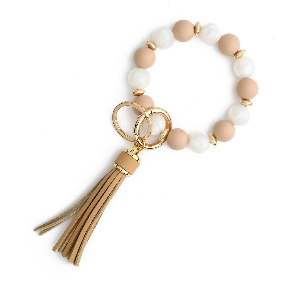 European and American cross-border new products 2024 silicone bead bracelet ladies wrist keychain tassel pendant anti-lost wooden bead bracelet
