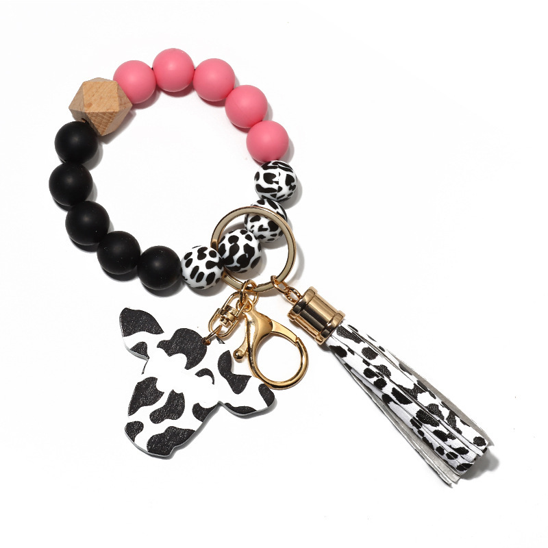 New autumn cross-border supply wood chip bull head pendant western style keychain men's silicone bead bracelet