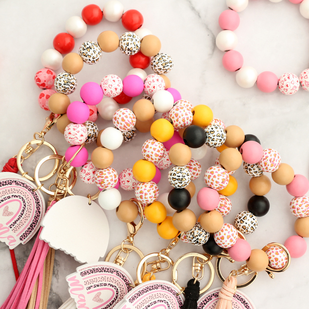2024 Cross-border Mother's Day Gift European and American Jewelry Leopard Print Wooden Bead Bracelet Spot Bracelet Keychain Love Bracelet