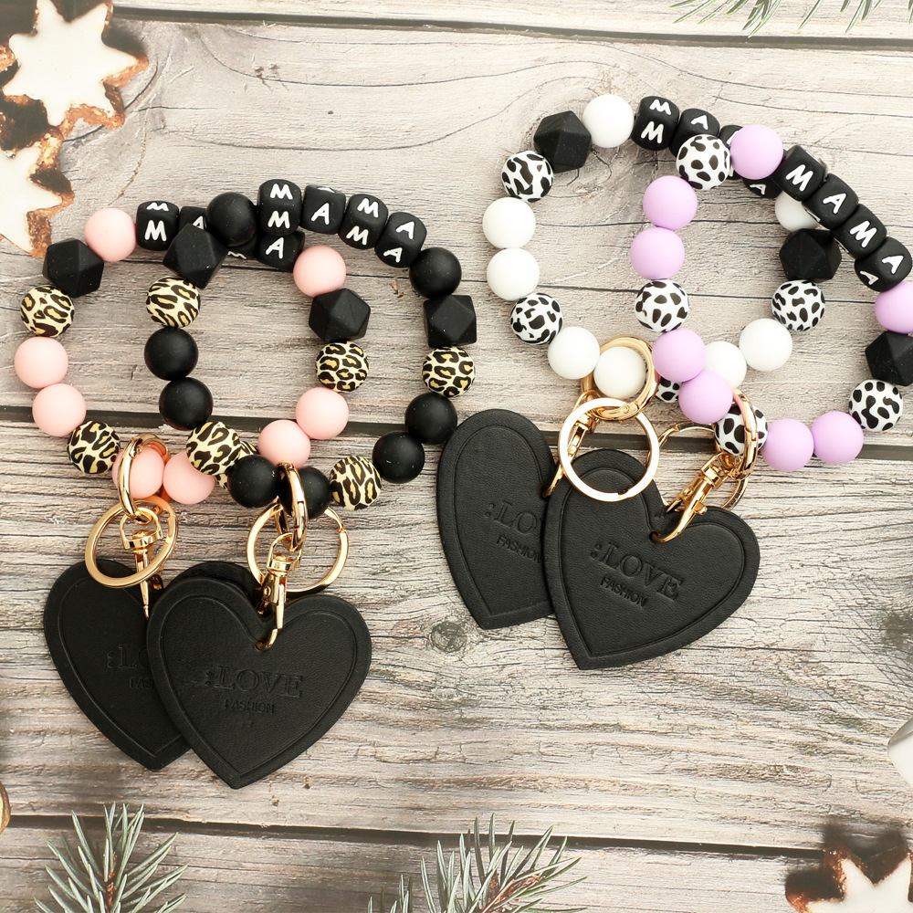 2024 Cross-border European and American jewelry love accessories MAMA bracelet Mother's Day keychain leopard print silicone bead bracelet