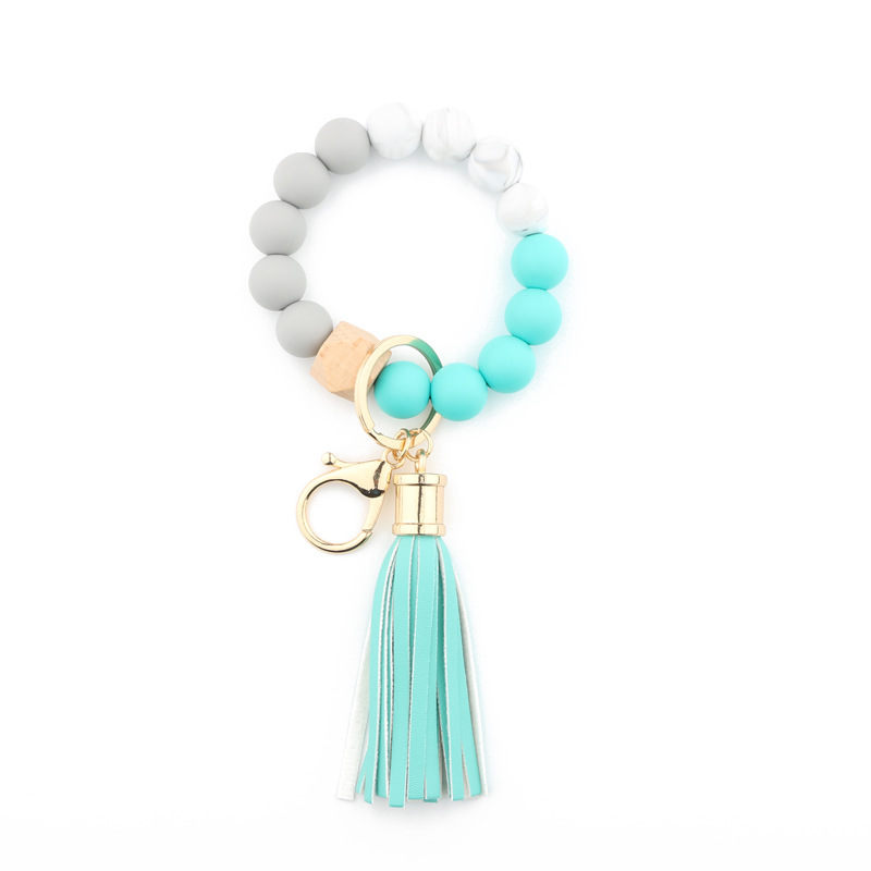 Amazon silicone food grade silicone bead bracelet beech wood bead wrist keychain pendant leather bracelet