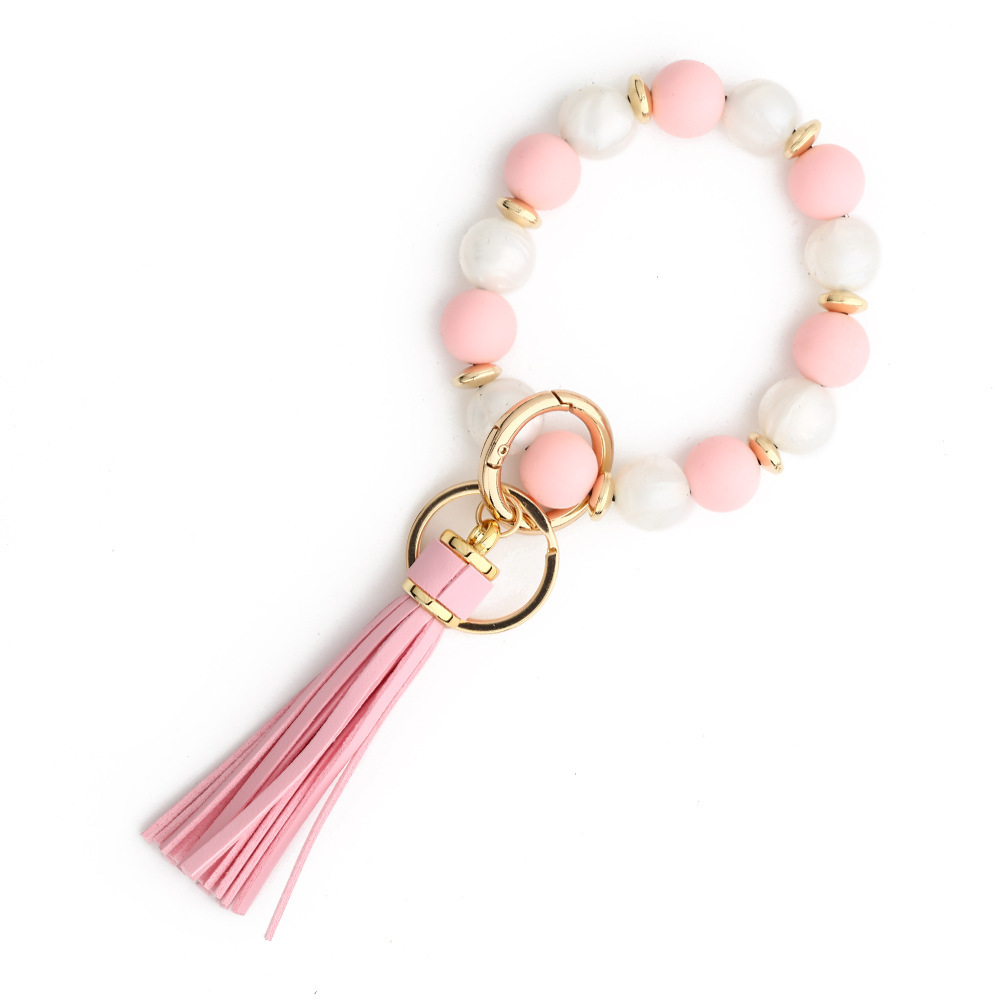 European and American cross-border new products 2024 silicone bead bracelet ladies wrist keychain tassel pendant anti-lost wooden bead bracelet