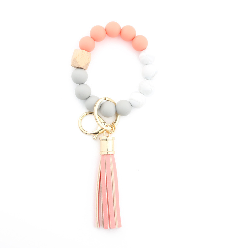 Amazon silicone food grade silicone bead bracelet beech wood bead wrist keychain pendant leather bracelet