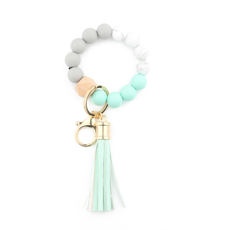 Amazon silicone food grade silicone bead bracelet beech wood bead wrist keychain pendant leather bracelet