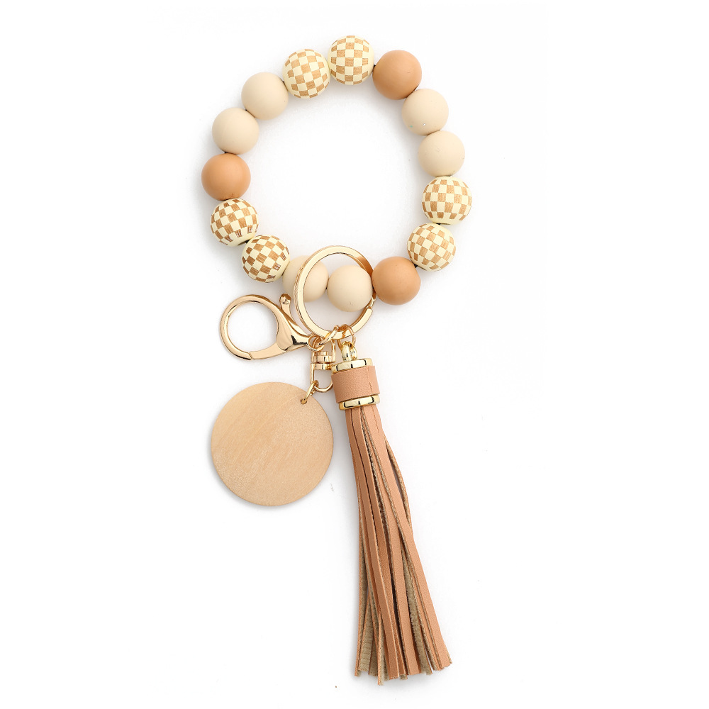 24 Spot Cross-border Women's Day Gifts European and American Jewelry Checkerboard Wooden Beads Bracelet Silicone Bracelet Silicone Keychain