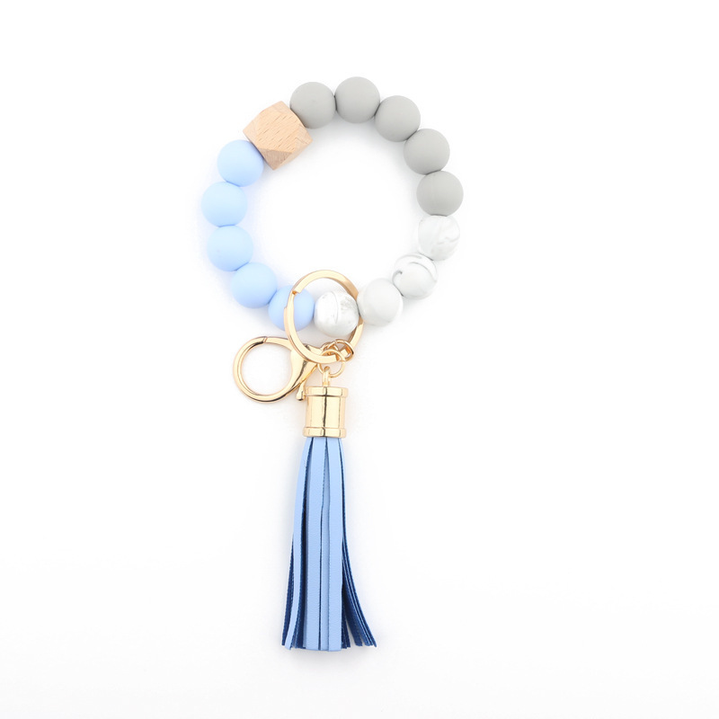 Amazon silicone food grade silicone bead bracelet beech wood bead wrist keychain pendant leather bracelet