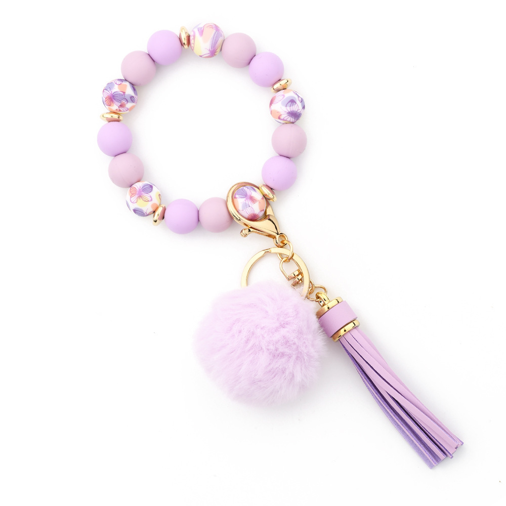 European and American cross-border 2024 silicone bead bracelet ladies wrist fur ball keychain tassel pendant silicone bead bracelet