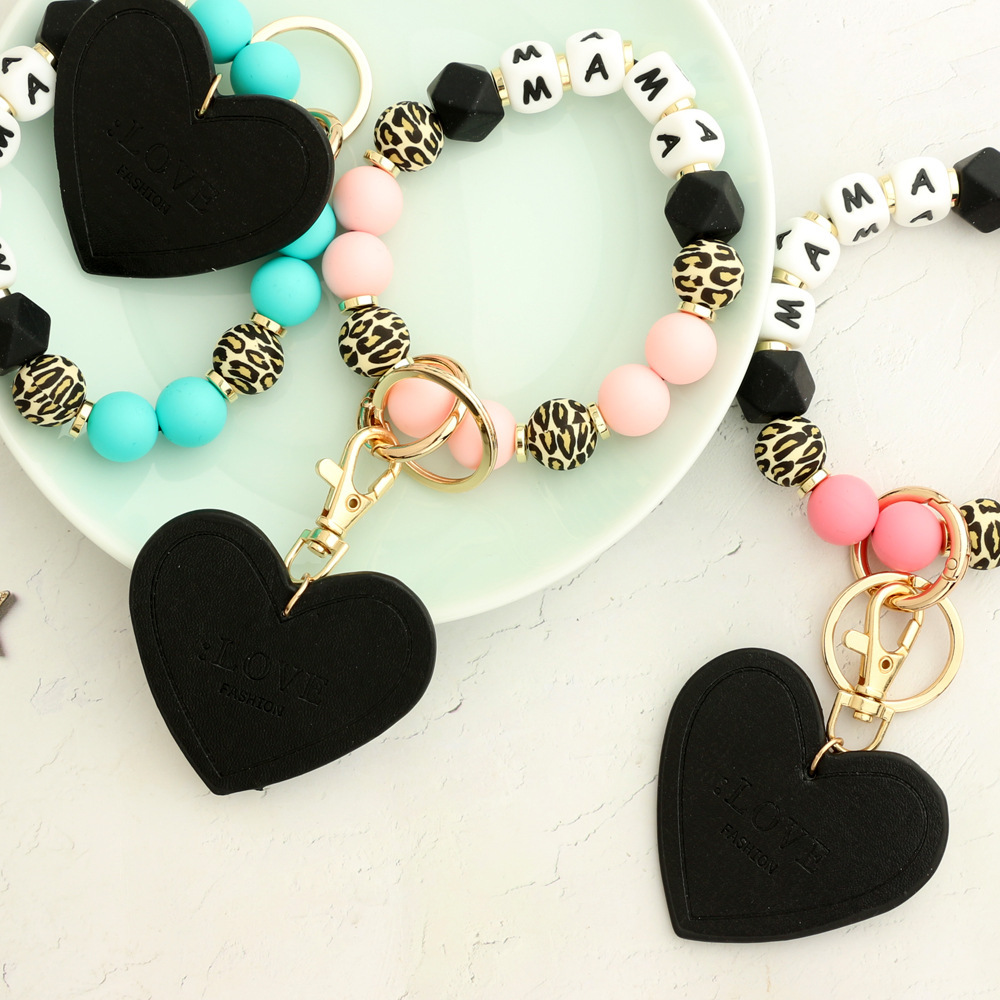 2024 Cross-border European and American jewelry love accessories MAMA bracelet Mother's Day keychain leopard print silicone bead bracelet