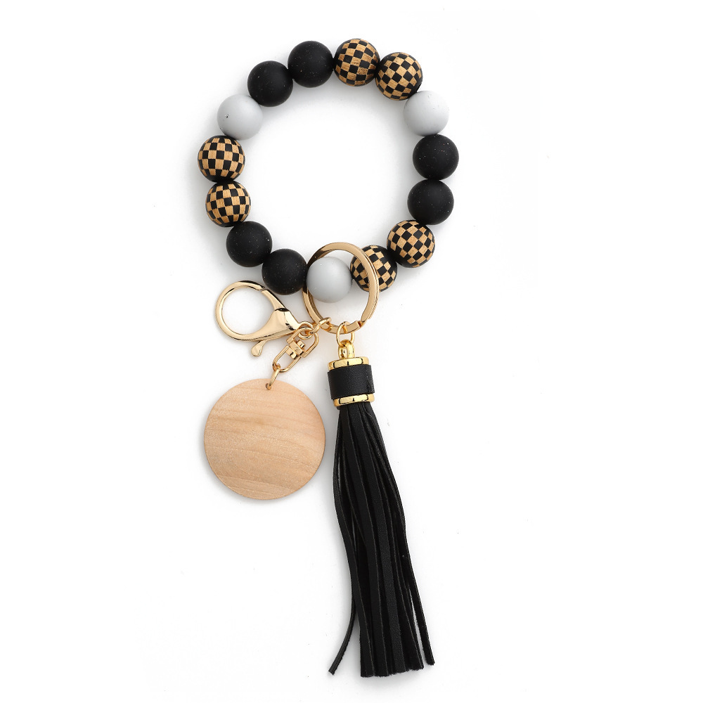 24 Spot Cross-border Women's Day Gifts European and American Jewelry Checkerboard Wooden Beads Bracelet Silicone Bracelet Silicone Keychain