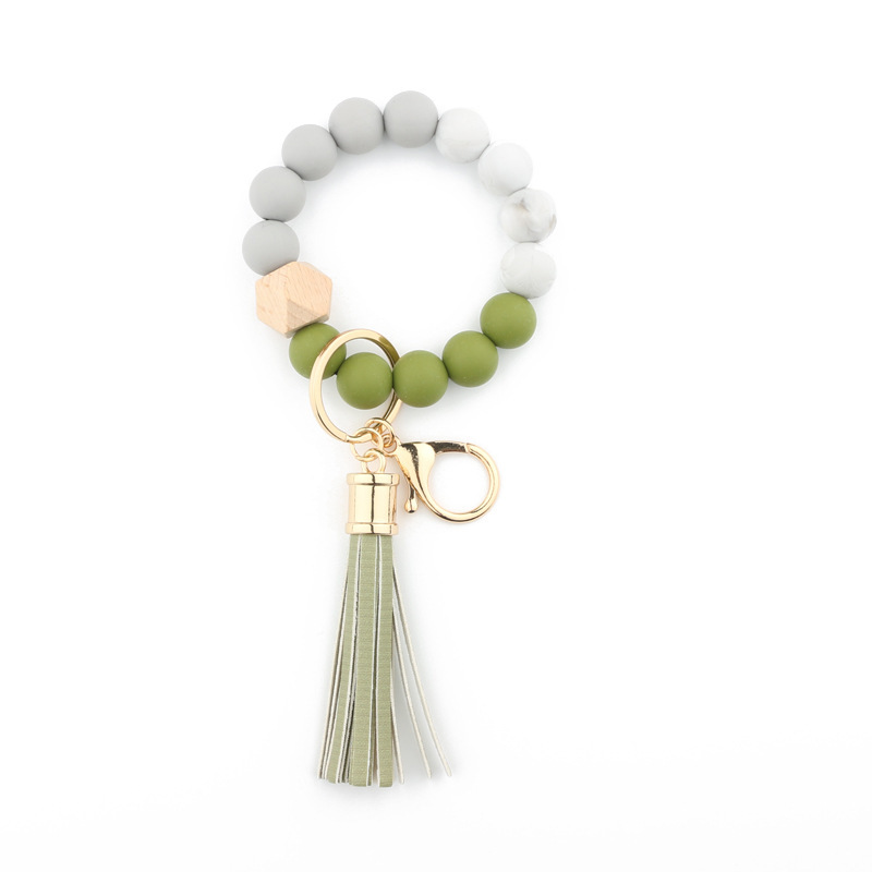 Amazon silicone food grade silicone bead bracelet beech wood bead wrist keychain pendant leather bracelet