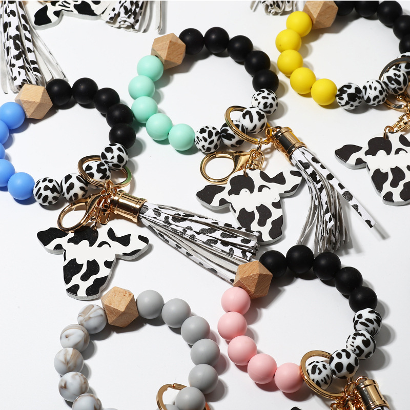 New autumn cross-border supply wood chip bull head pendant western style keychain men's silicone bead bracelet