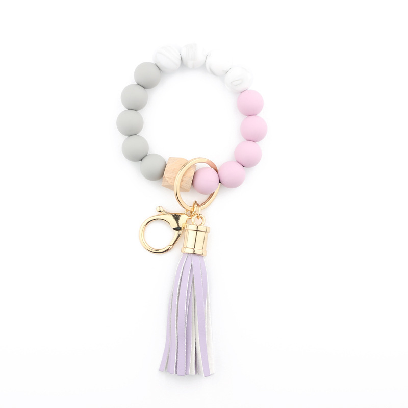 Amazon silicone food grade silicone bead bracelet beech wood bead wrist keychain pendant leather bracelet