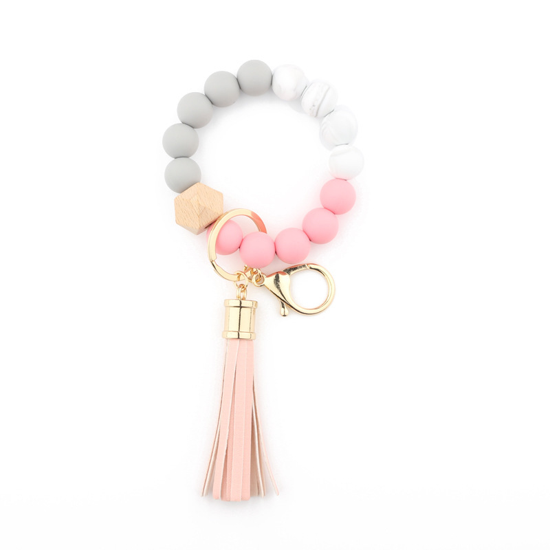 Amazon silicone food grade silicone bead bracelet beech wood bead wrist keychain pendant leather bracelet