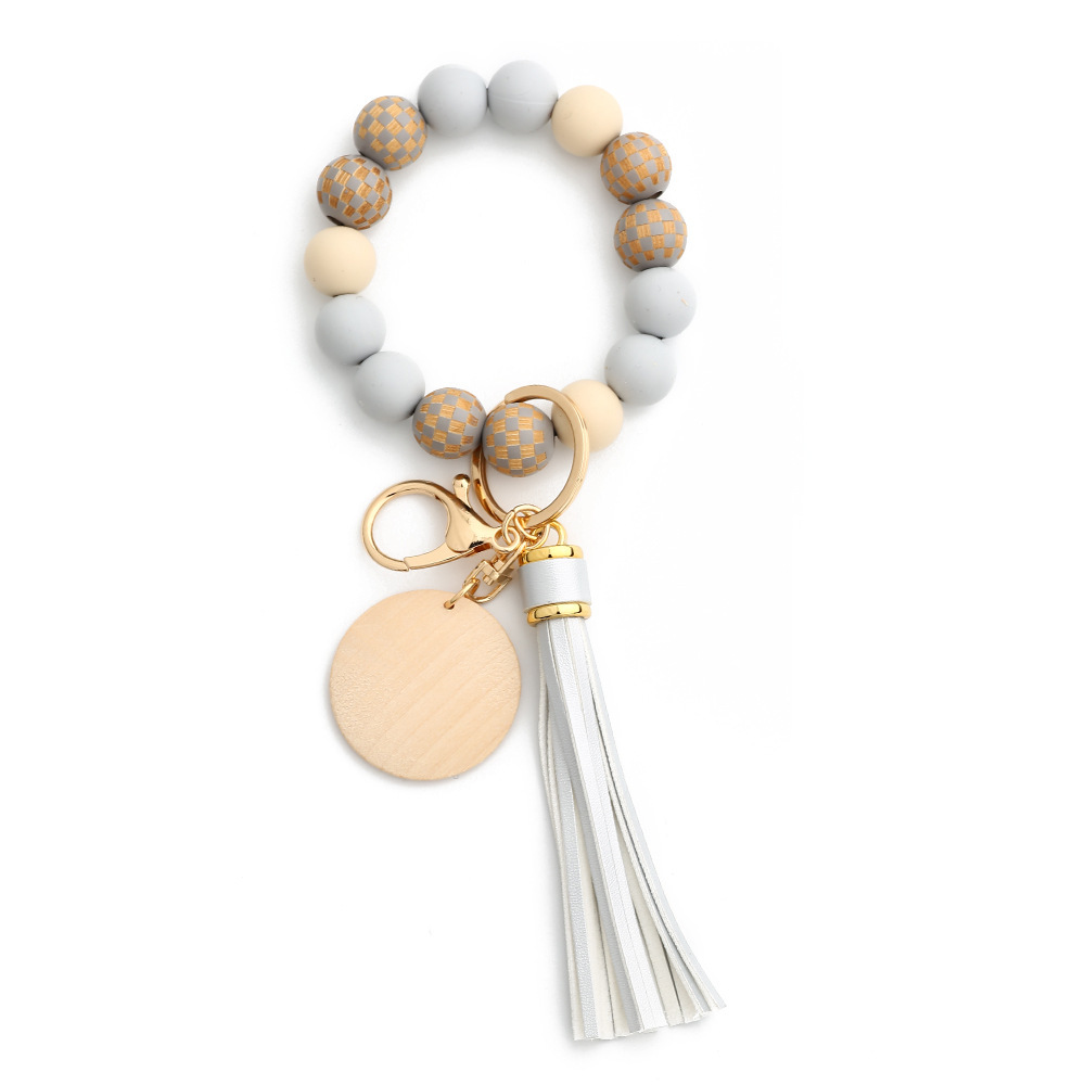 24 Spot Cross-border Women's Day Gifts European and American Jewelry Checkerboard Wooden Beads Bracelet Silicone Bracelet Silicone Keychain