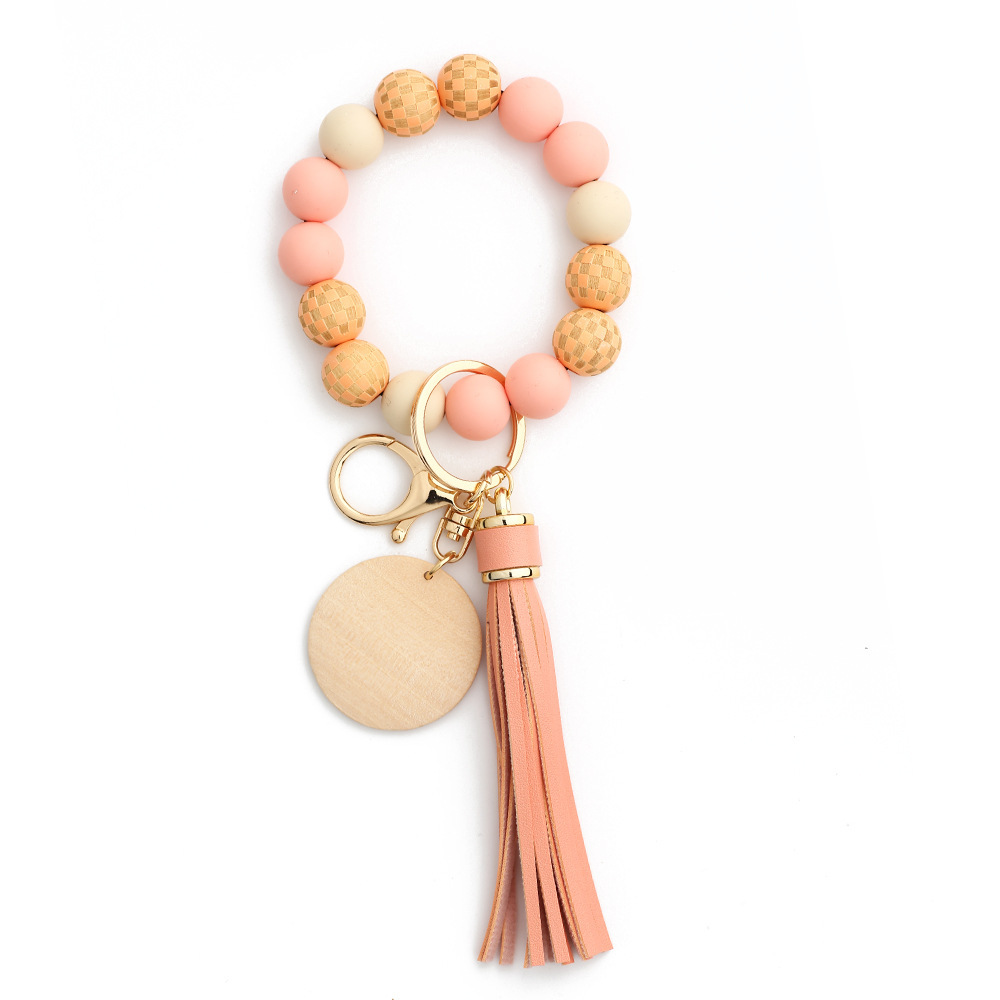 24 Spot Cross-border Women's Day Gifts European and American Jewelry Checkerboard Wooden Beads Bracelet Silicone Bracelet Silicone Keychain