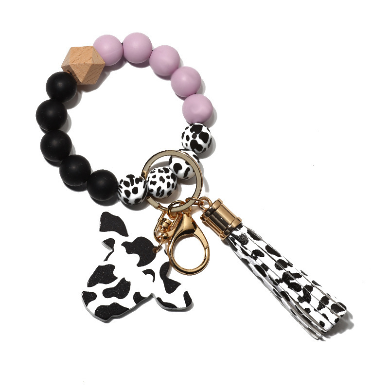 New autumn cross-border supply wood chip bull head pendant western style keychain men's silicone bead bracelet
