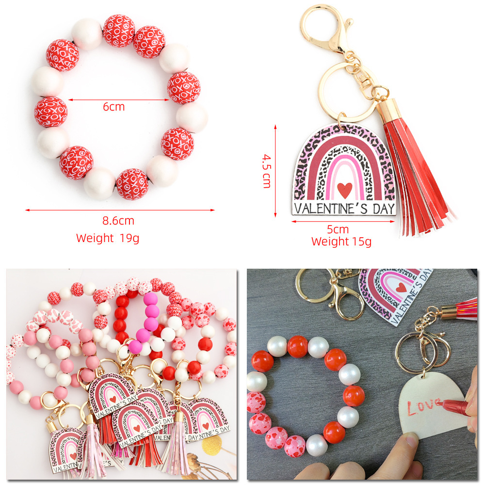 2024 Valentine's Day Gift European and American Jewelry Cross-border Pendant Love Bracelet Women's Bracelet Wooden Bead Bracelet Keychain