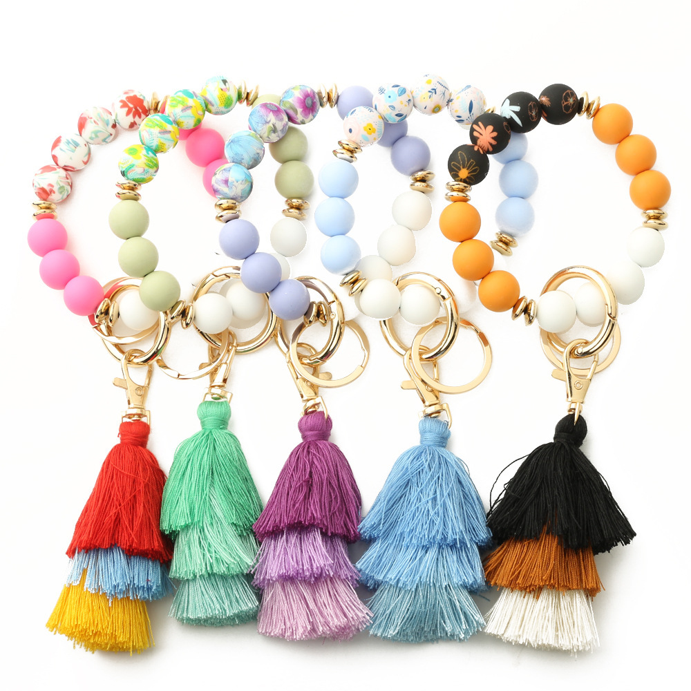 2023 European and American fashion bracelet Bohemian style line tassel color silicone bracelet printed silicone bead bracelet