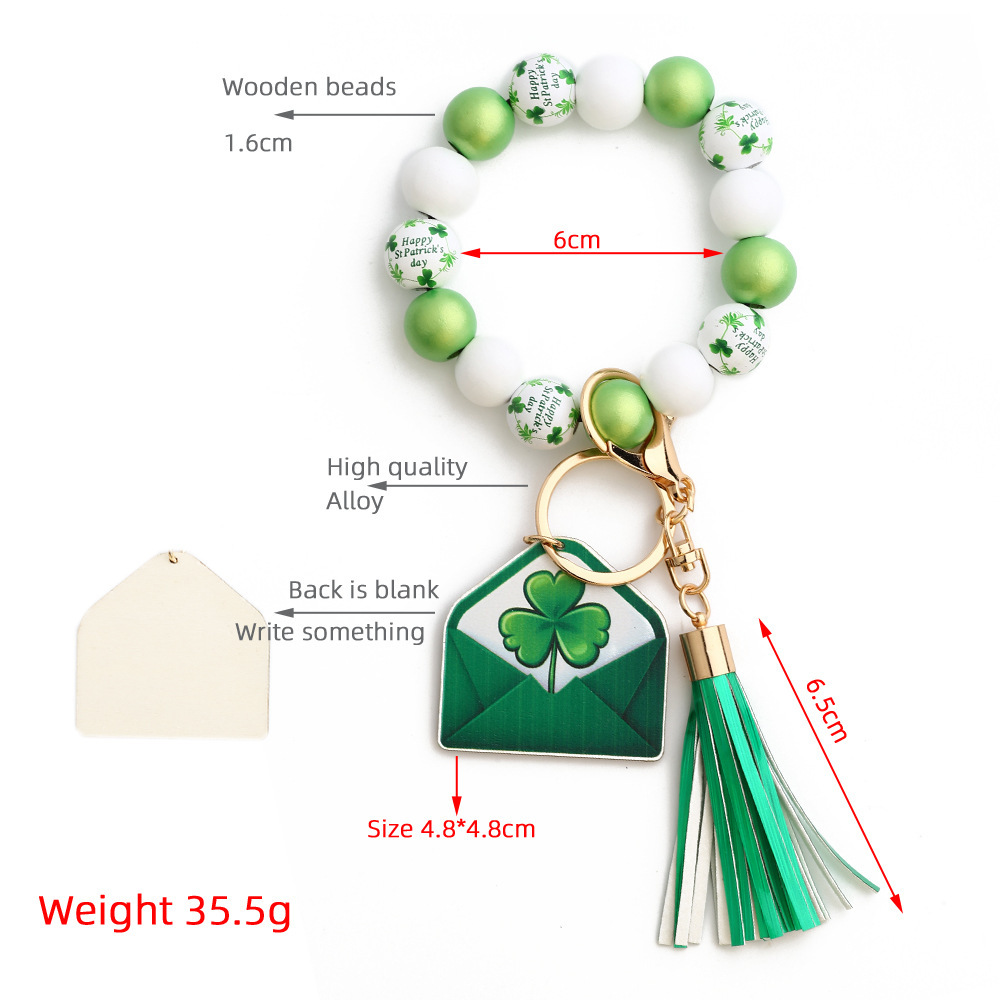 Cross-border new St. Patrick's Day jewelry clover pendant Irish Festival bracelet wooden beads keychain