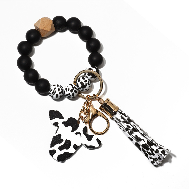 New autumn cross-border supply wood chip bull head pendant western style keychain men's silicone bead bracelet