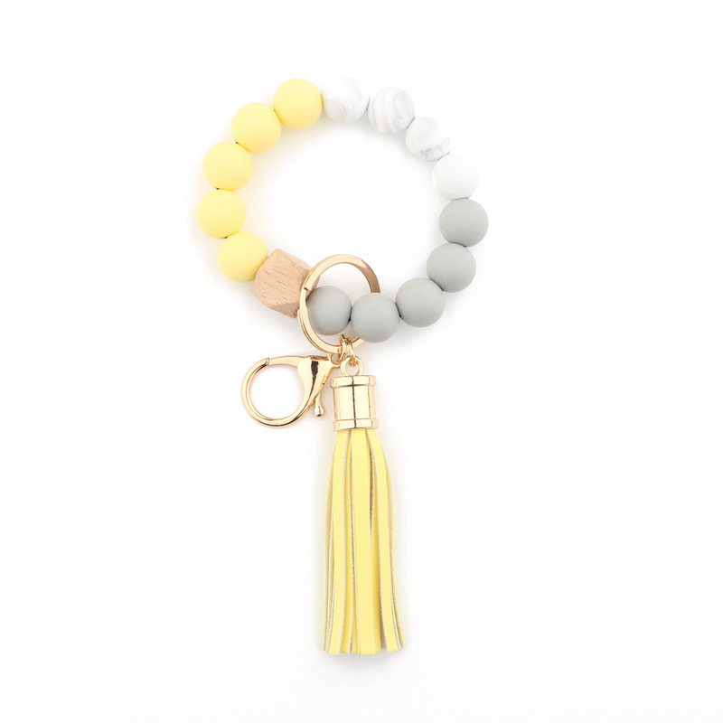 Amazon silicone food grade silicone bead bracelet beech wood bead wrist keychain pendant leather bracelet