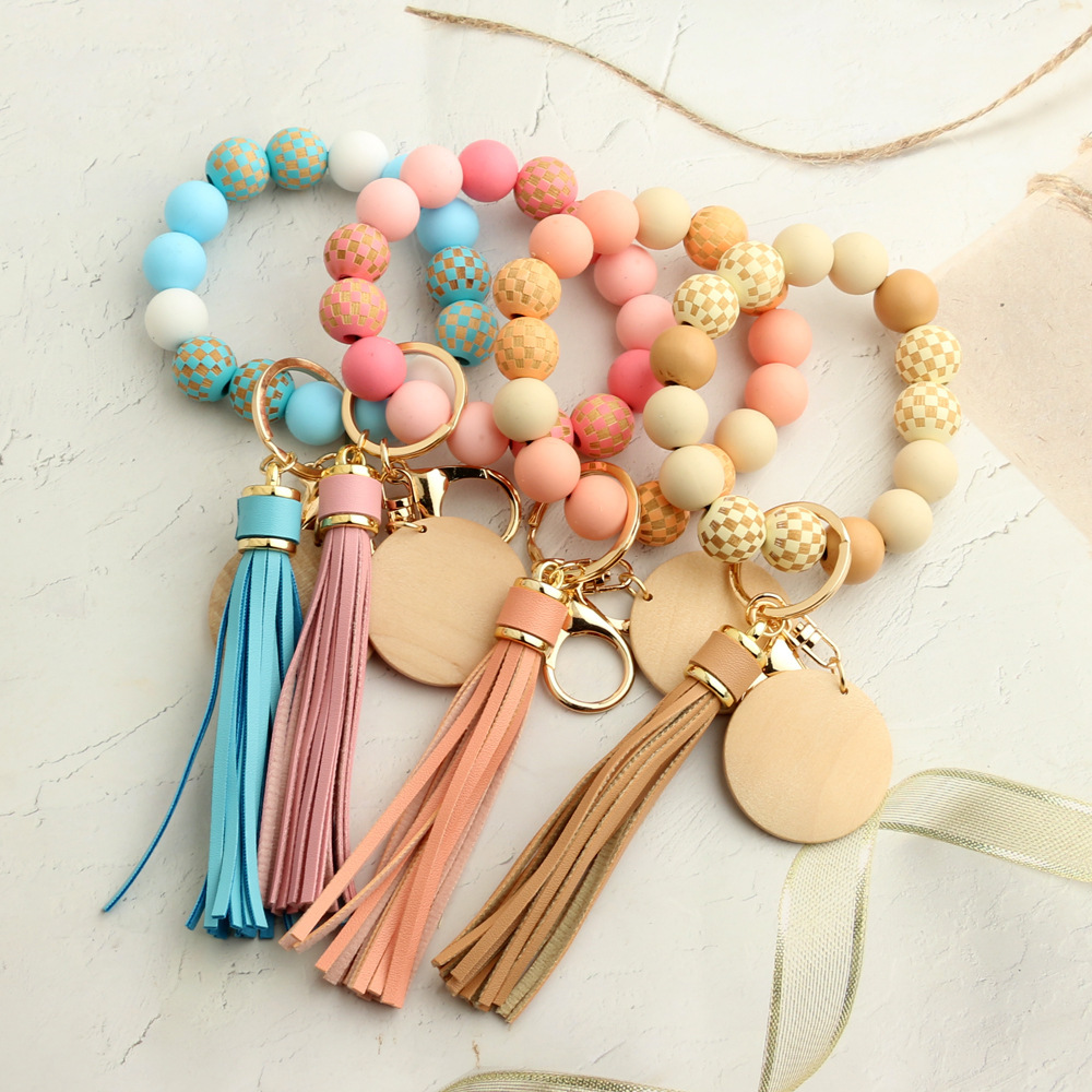 24 Spot Cross-border Women's Day Gifts European and American Jewelry Checkerboard Wooden Beads Bracelet Silicone Bracelet Silicone Keychain