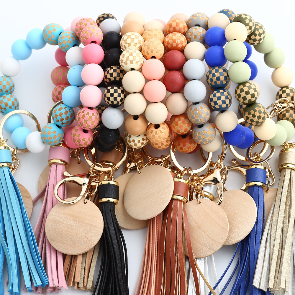 24 Spot Cross-border Women's Day Gifts European and American Jewelry Checkerboard Wooden Beads Bracelet Silicone Bracelet Silicone Keychain