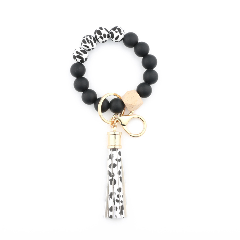 Amazon silicone food grade silicone bead bracelet beech wood bead wrist keychain pendant leather bracelet
