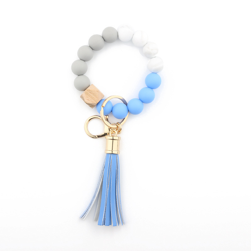 Amazon silicone food grade silicone bead bracelet beech wood bead wrist keychain pendant leather bracelet