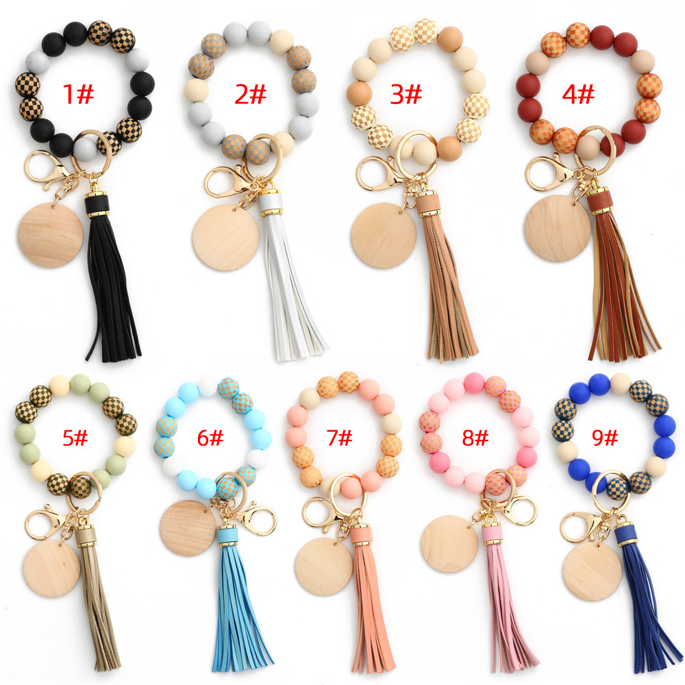 24 Spot Cross-border Women's Day Gifts European and American Jewelry Checkerboard Wooden Beads Bracelet Silicone Bracelet Silicone Keychain