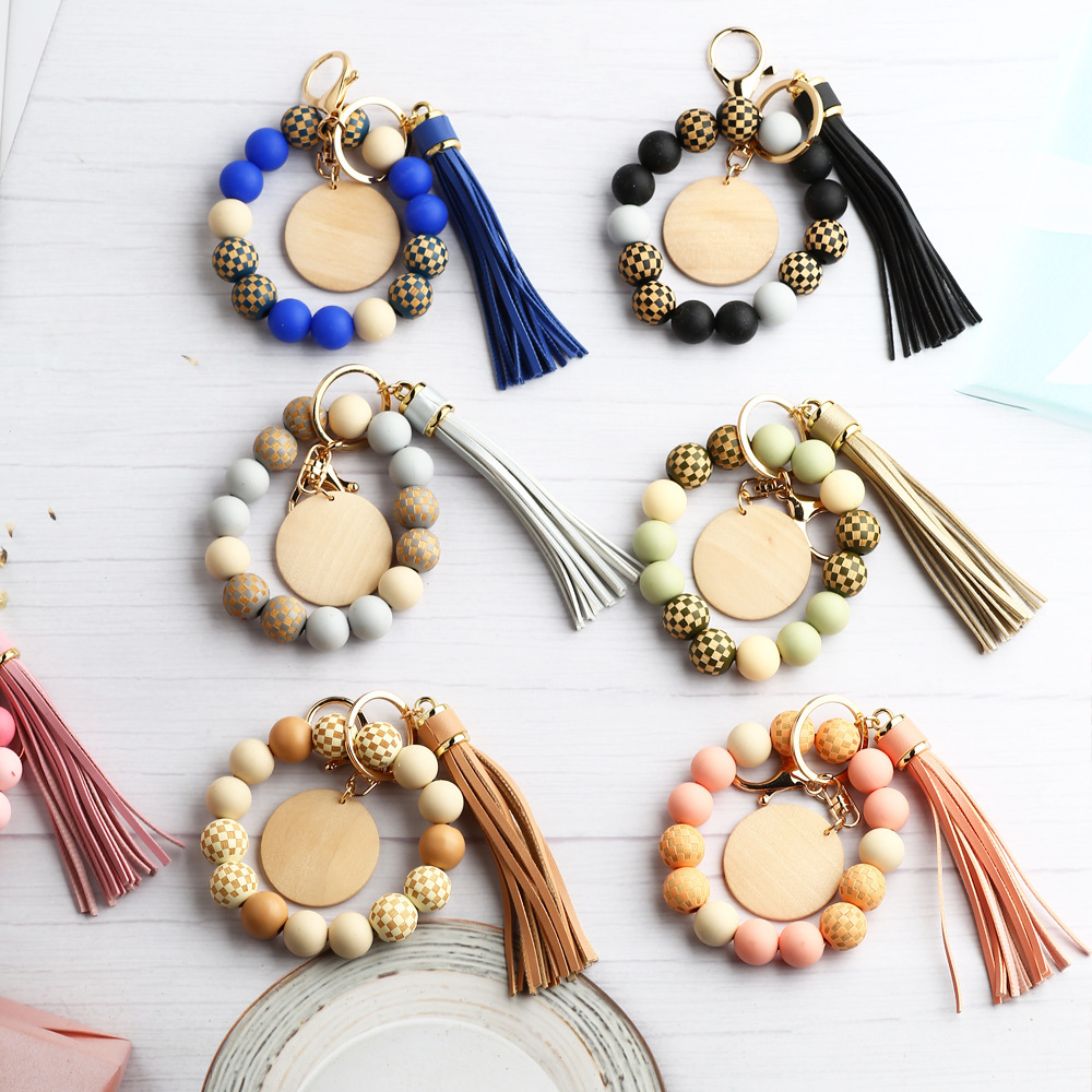 24 Spot Cross-border Women's Day Gifts European and American Jewelry Checkerboard Wooden Beads Bracelet Silicone Bracelet Silicone Keychain