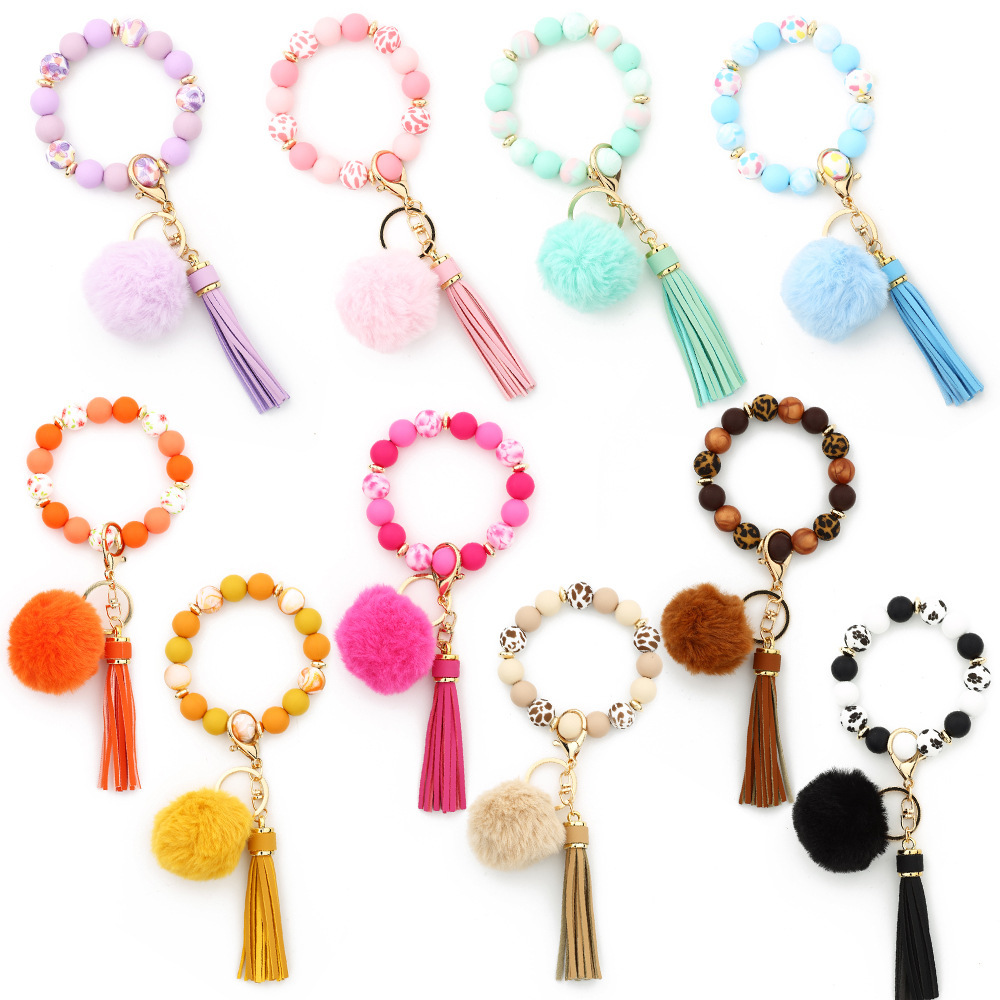 European and American cross-border 2024 silicone bead bracelet ladies wrist fur ball keychain tassel pendant silicone bead bracelet