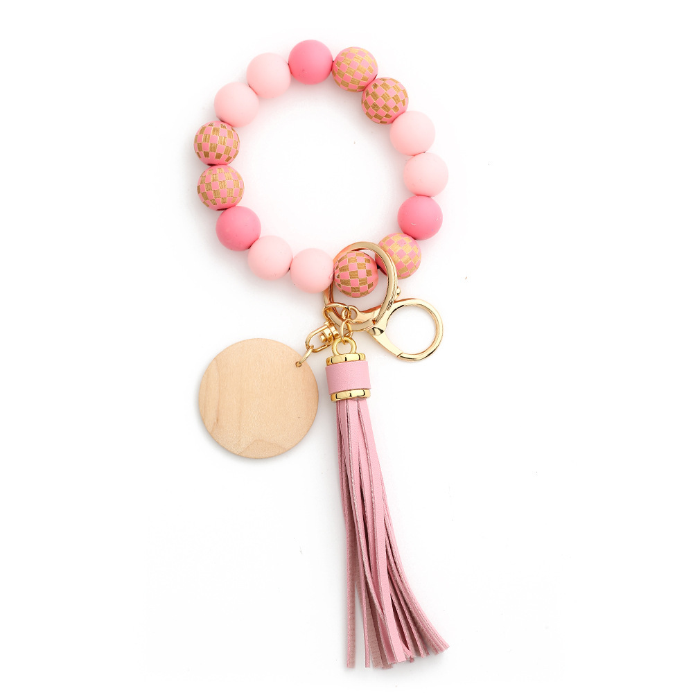 24 Spot Cross-border Women's Day Gifts European and American Jewelry Checkerboard Wooden Beads Bracelet Silicone Bracelet Silicone Keychain