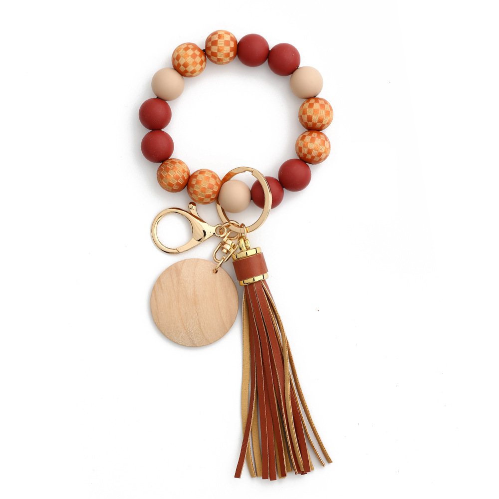 24 Spot Cross-border Women's Day Gifts European and American Jewelry Checkerboard Wooden Beads Bracelet Silicone Bracelet Silicone Keychain