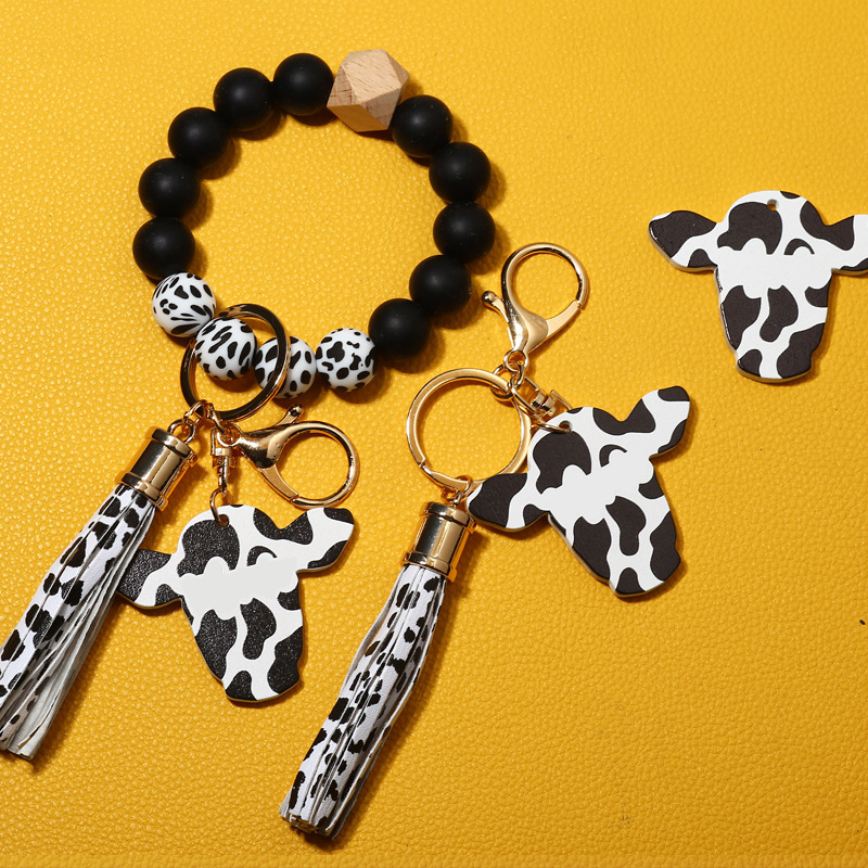 New autumn cross-border supply wood chip bull head pendant western style keychain men's silicone bead bracelet