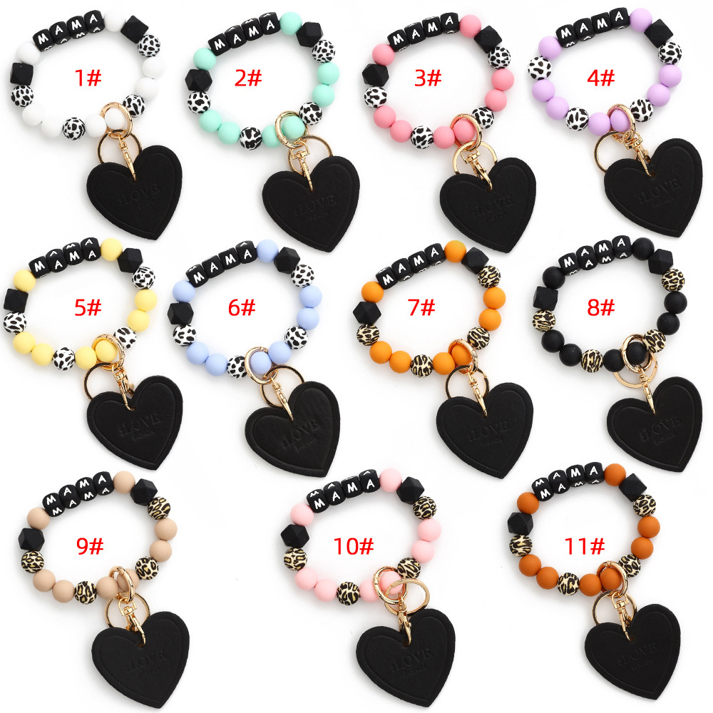 2024 Cross-border European and American jewelry love accessories MAMA bracelet Mother's Day keychain leopard print silicone bead bracelet