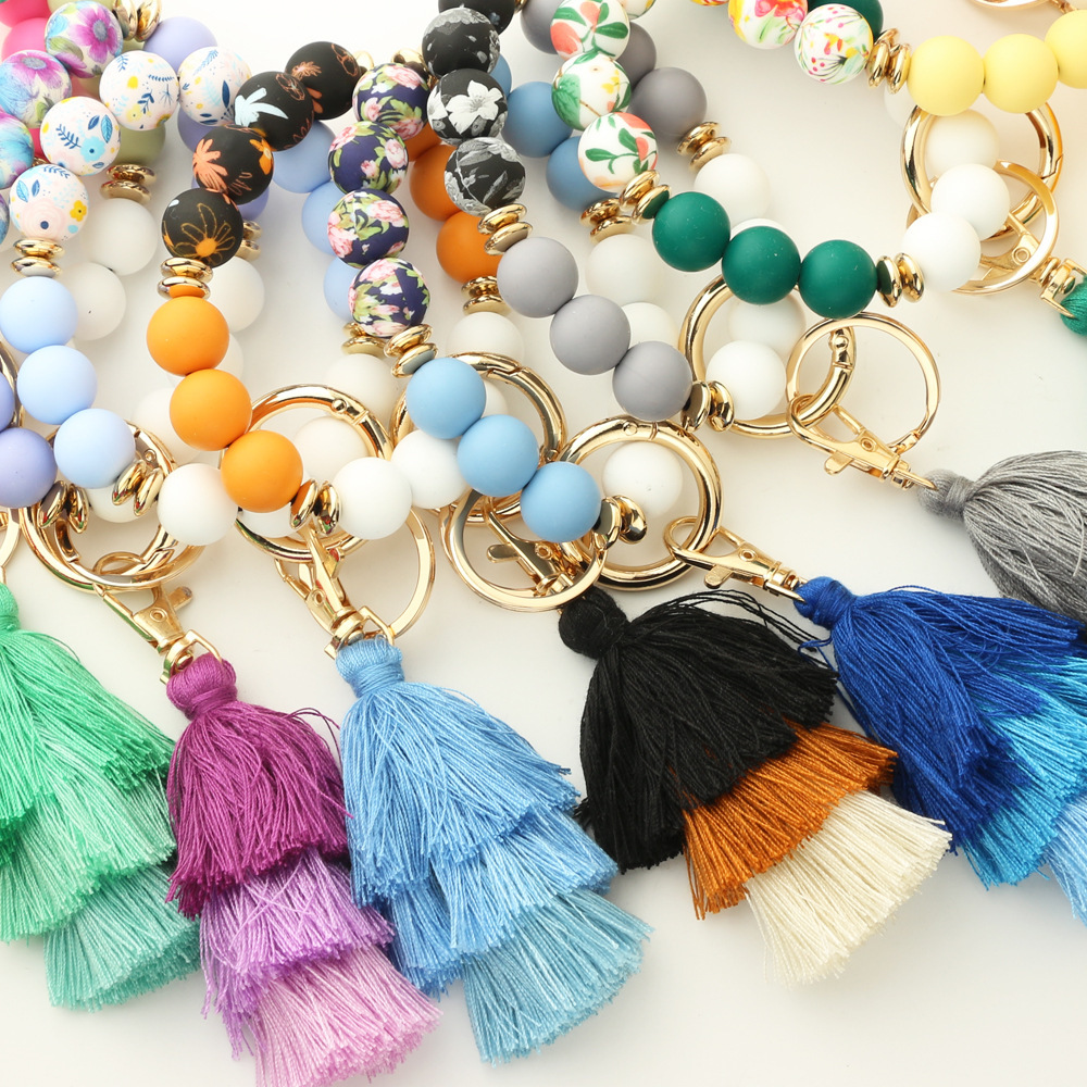 2023 European and American fashion bracelet Bohemian style line tassel color silicone bracelet printed silicone bead bracelet