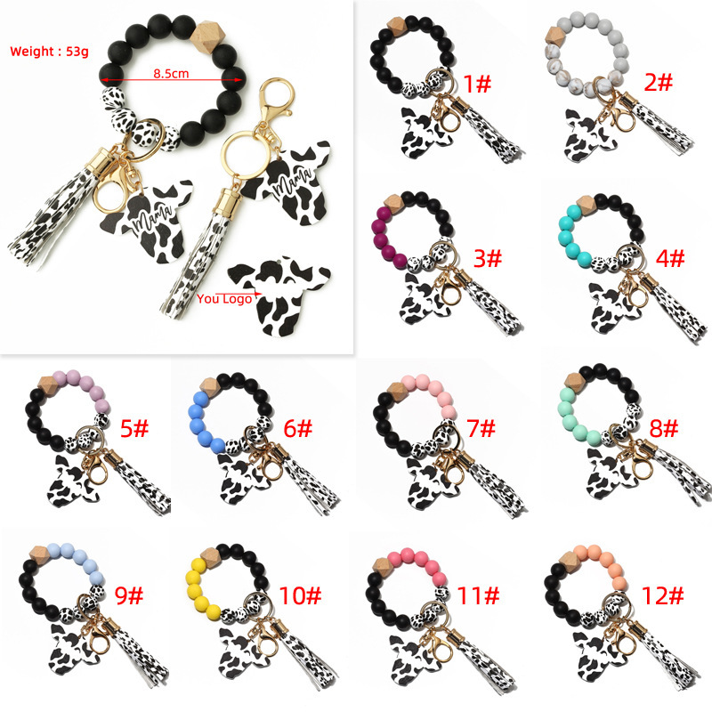 New autumn cross-border supply wood chip bull head pendant western style keychain men's silicone bead bracelet