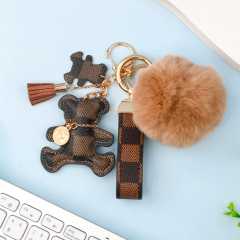 Brown plaid bear hug suit + fur ball