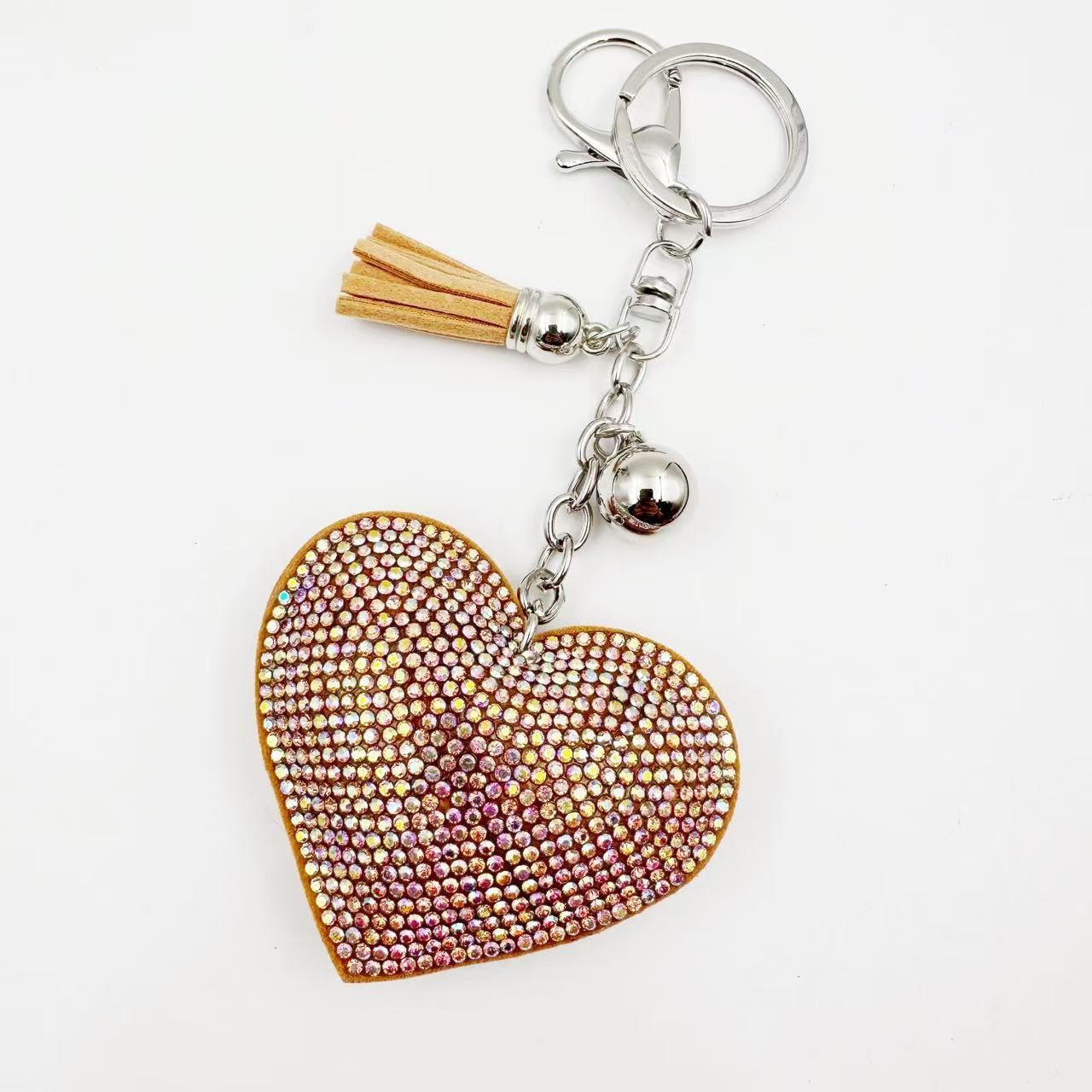 New DIY jewelry small Chanel style peach heart hot diamond leather keychain crystal diamond heart tassel bag pendant