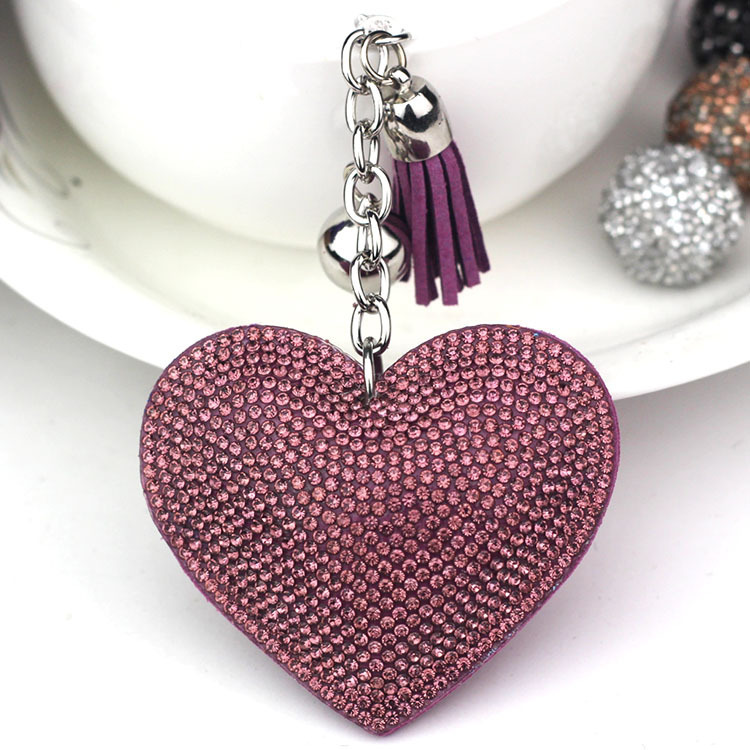 New DIY jewelry small Chanel style peach heart hot diamond leather keychain crystal diamond heart tassel bag pendant