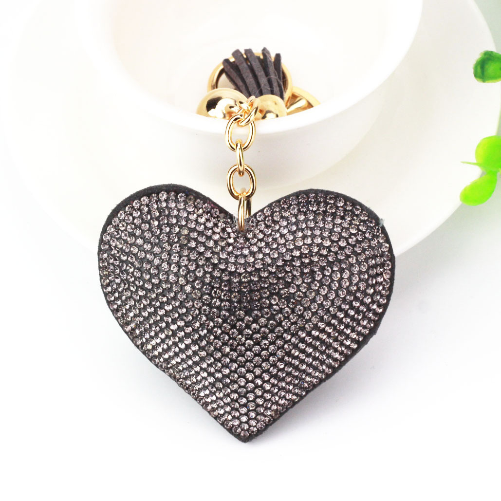 New DIY jewelry small Chanel style peach heart hot diamond leather keychain crystal diamond heart tassel bag pendant