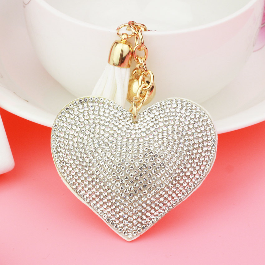 New DIY jewelry small Chanel style peach heart hot diamond leather keychain crystal diamond heart tassel bag pendant