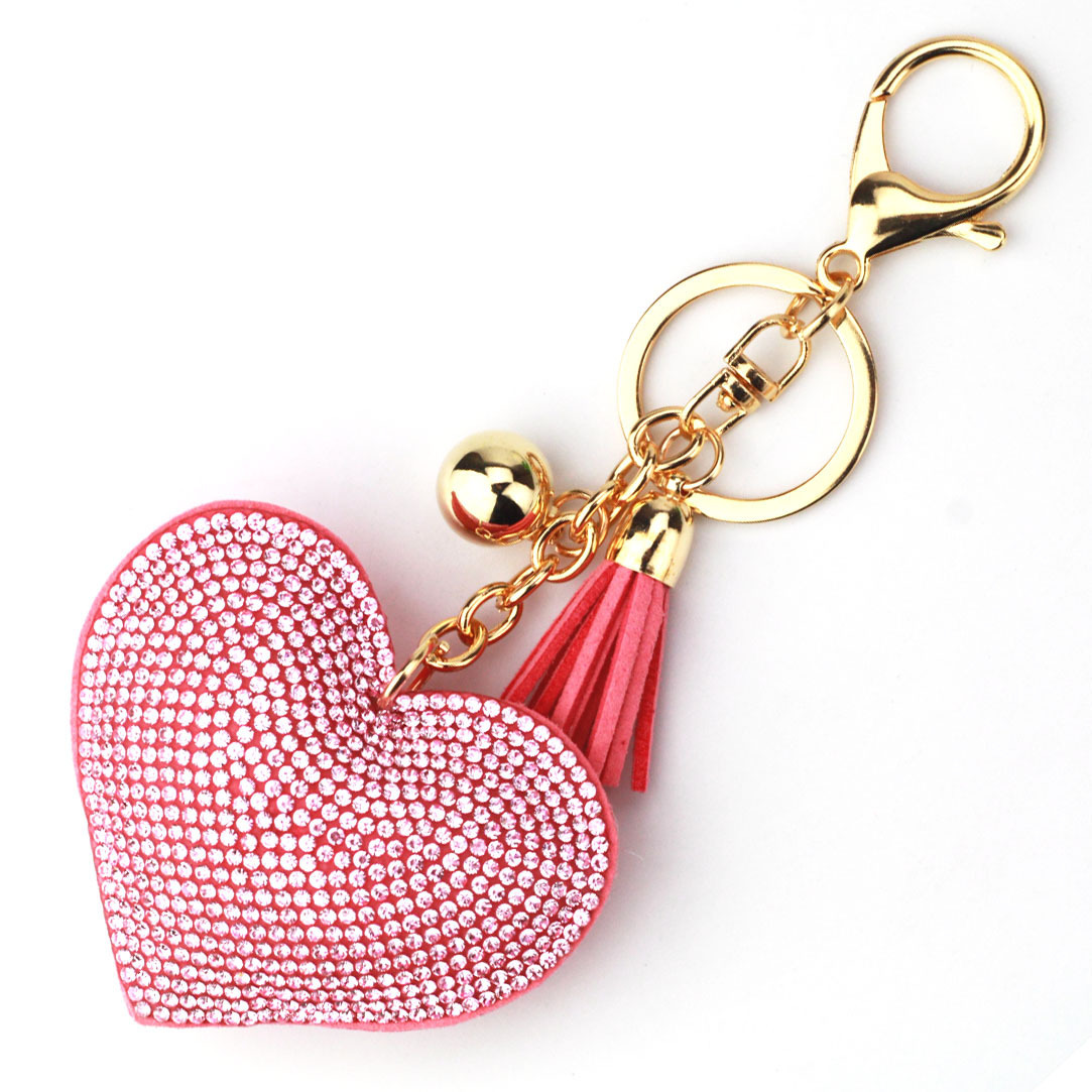 New DIY jewelry small Chanel style peach heart hot diamond leather keychain crystal diamond heart tassel bag pendant