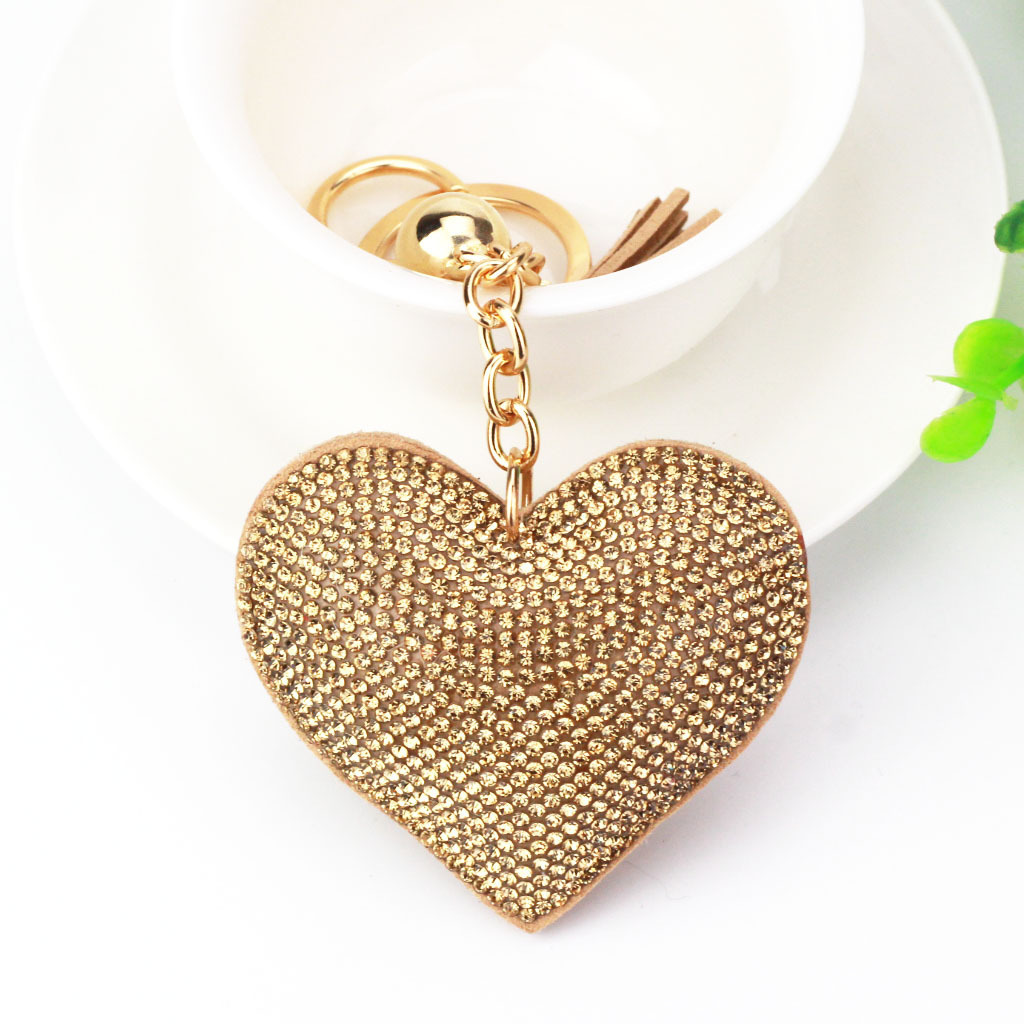 New DIY jewelry small Chanel style peach heart hot diamond leather keychain crystal diamond heart tassel bag pendant