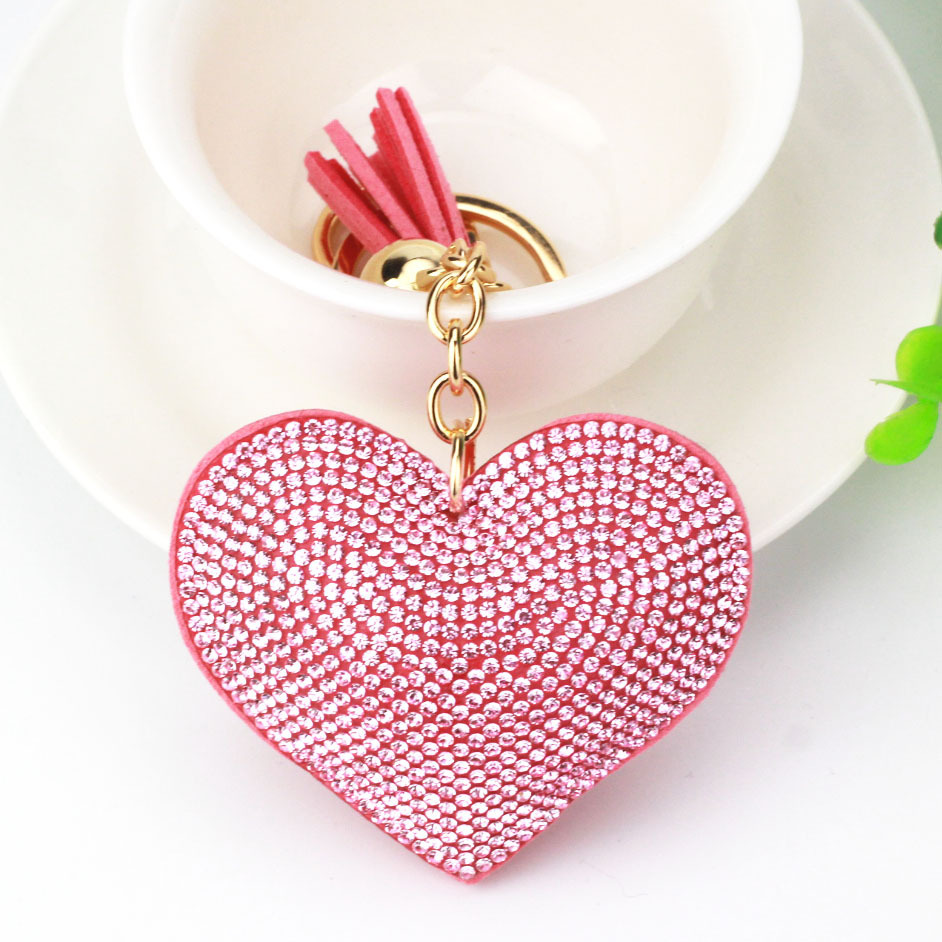 New DIY jewelry small Chanel style peach heart hot diamond leather keychain crystal diamond heart tassel bag pendant