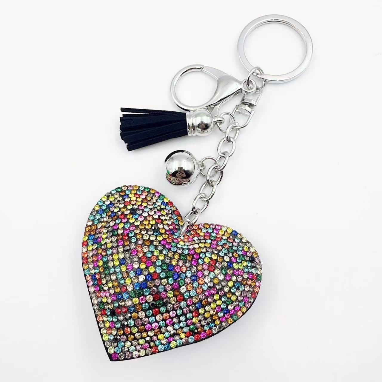 New DIY jewelry small Chanel style peach heart hot diamond leather keychain crystal diamond heart tassel bag pendant