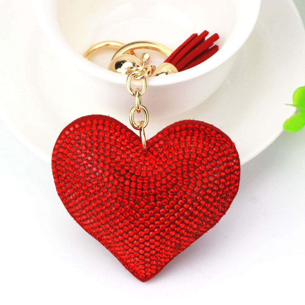 New DIY jewelry small Chanel style peach heart hot diamond leather keychain crystal diamond heart tassel bag pendant