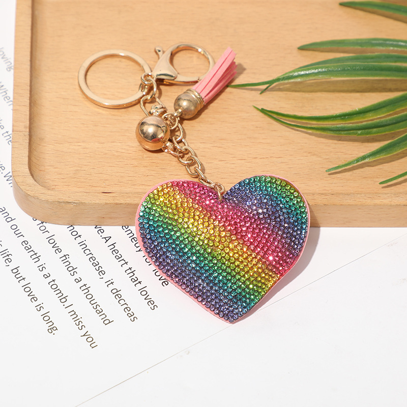 New DIY jewelry small Chanel style peach heart hot diamond leather keychain crystal diamond heart tassel bag pendant